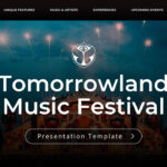 Tomorrowland Festival Title Slide - Dramatic stage lighting and fireworks backdrop with navigation menu and logo centerpiece