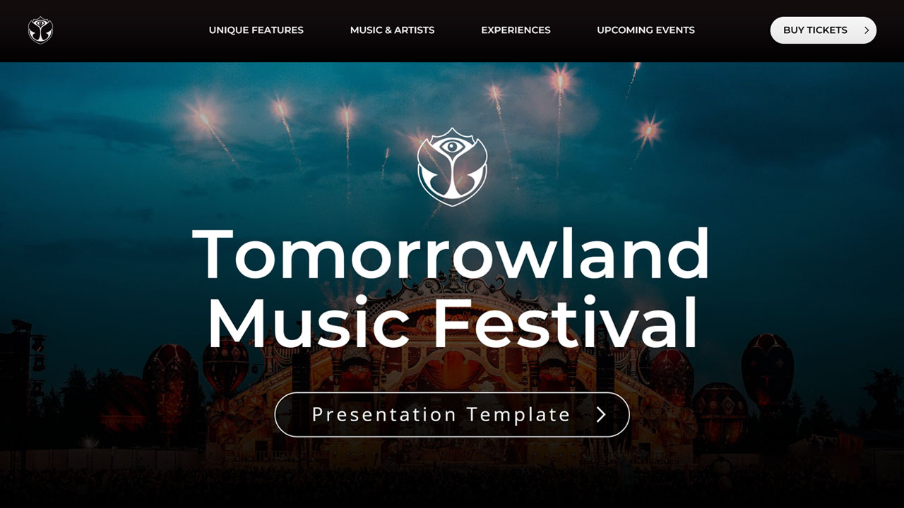 Tomorrowland Festival Title Slide - Dramatic stage lighting and fireworks backdrop with navigation menu and logo centerpiece