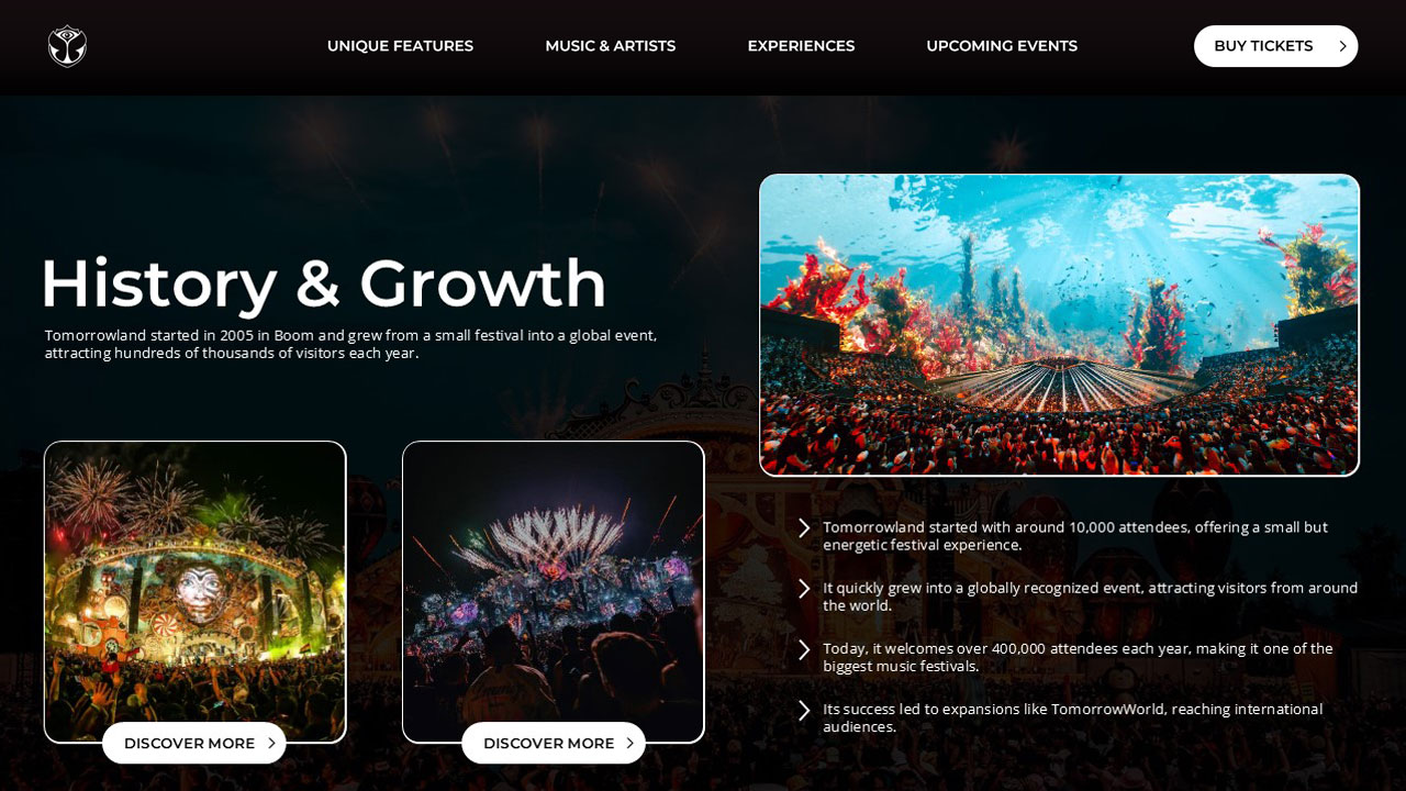 Tomorrowland History Slide - Mixed media layout blending multiple festival images with growth story timeline content