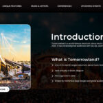 Tomorrowland Introduction Layout - Split design pairing aerial festival view with organized content sections and discovery buttons