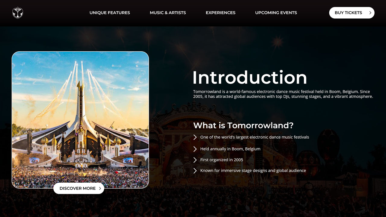 Tomorrowland Introduction Layout - Split design pairing aerial festival view with organized content sections and discovery buttons