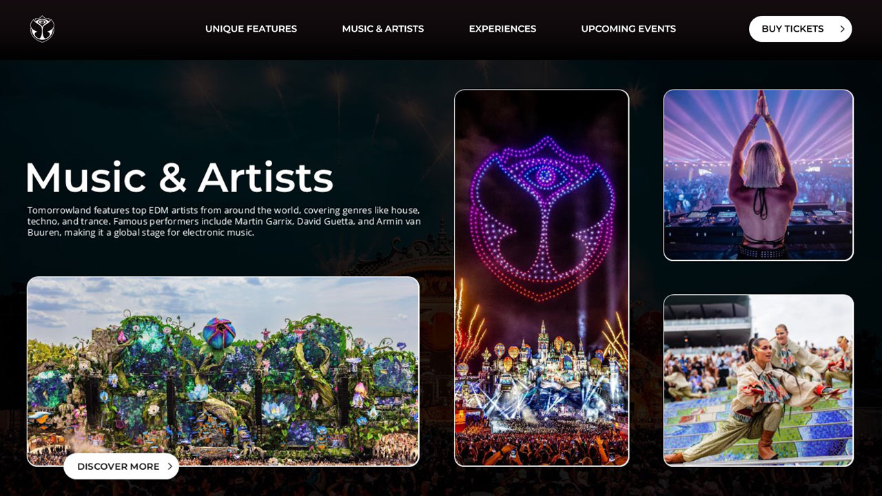 Tomorrowland Artists Layout - Asymmetrical design mixing varied image sizes with global lineup and reach descriptions
