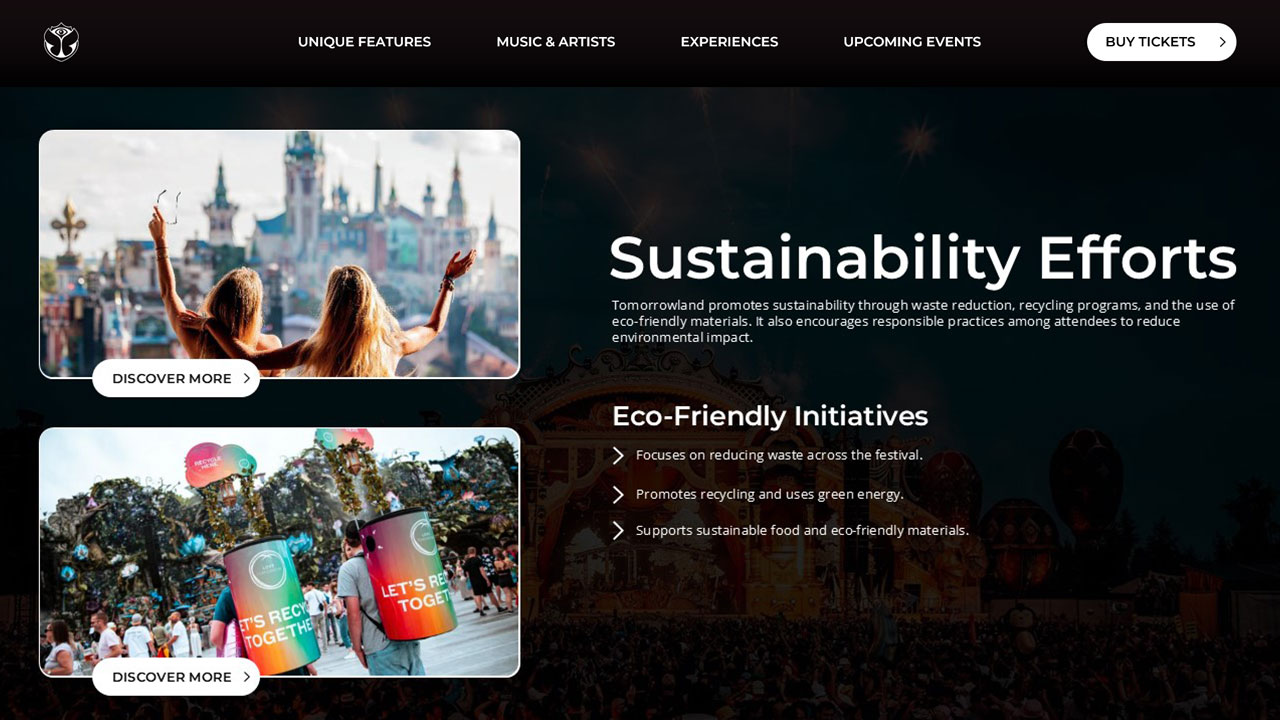 Tomorrowland Sustainability Layout - Stacked environmental imagery alongside eco-friendly initiatives and green practices content