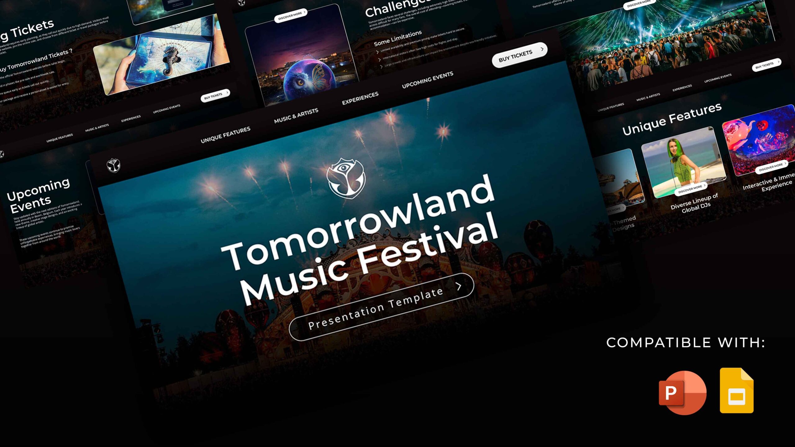 Tomorrowland Music Festival Template - Layered preview showcasing dynamic 3D presentation design with festival branding