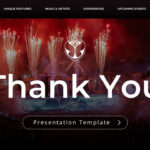 Tomorrowland Thank You Finale - Fireworks and stage lighting backdrop with centered gratitude message and brand reinforcement