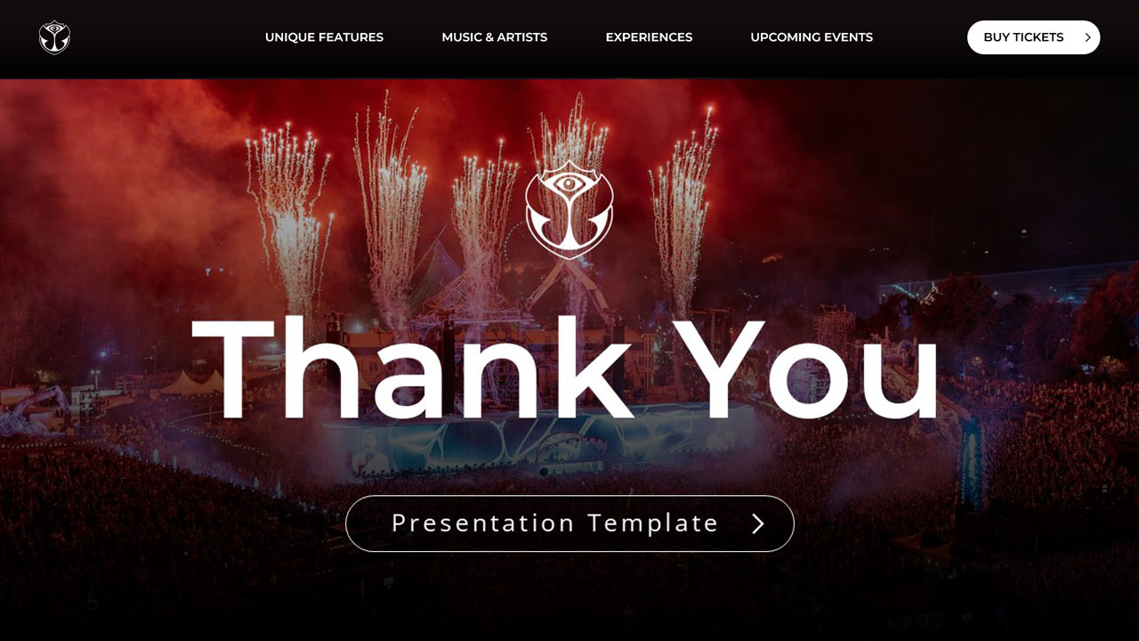 Tomorrowland Thank You Finale - Fireworks and stage lighting backdrop with centered gratitude message and brand reinforcement