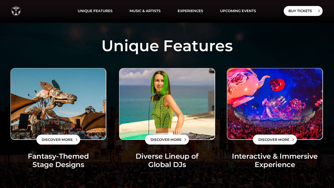 Tomorrowland Features Grid - Three-column showcase highlighting fantasy stages, global DJs, and immersive experiences equally