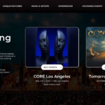 Tomorrowland Events Schedule - Two-column future festival showcase with ticket buttons, dates, and location information