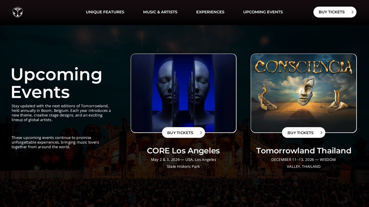 Tomorrowland Events Schedule - Two-column future festival showcase with ticket buttons, dates, and location information