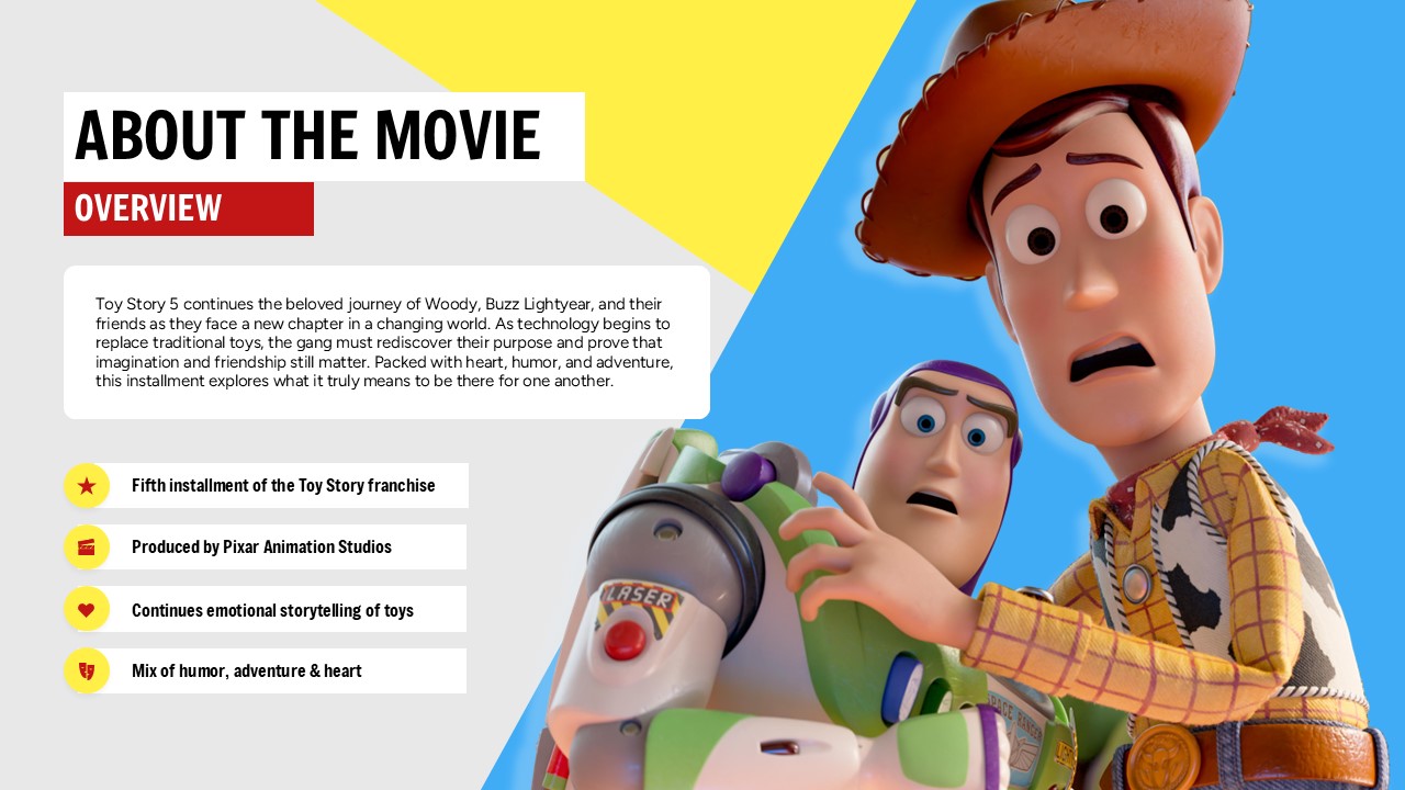 Toy Story 5 Template - about movie slide with Woody and Buzz images, plot summary text and four key points
