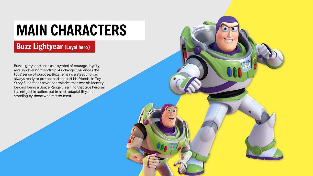 Toy Story 5 Template - Buzz Lightyear character slide with space ranger images and loyal hero analysis text