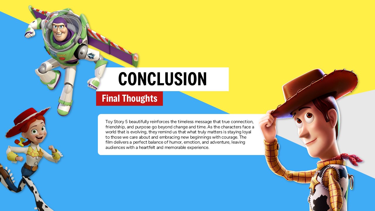 Toy Story 5 Template - conclusion slide with multiple characters and final thoughts text about friendship themes