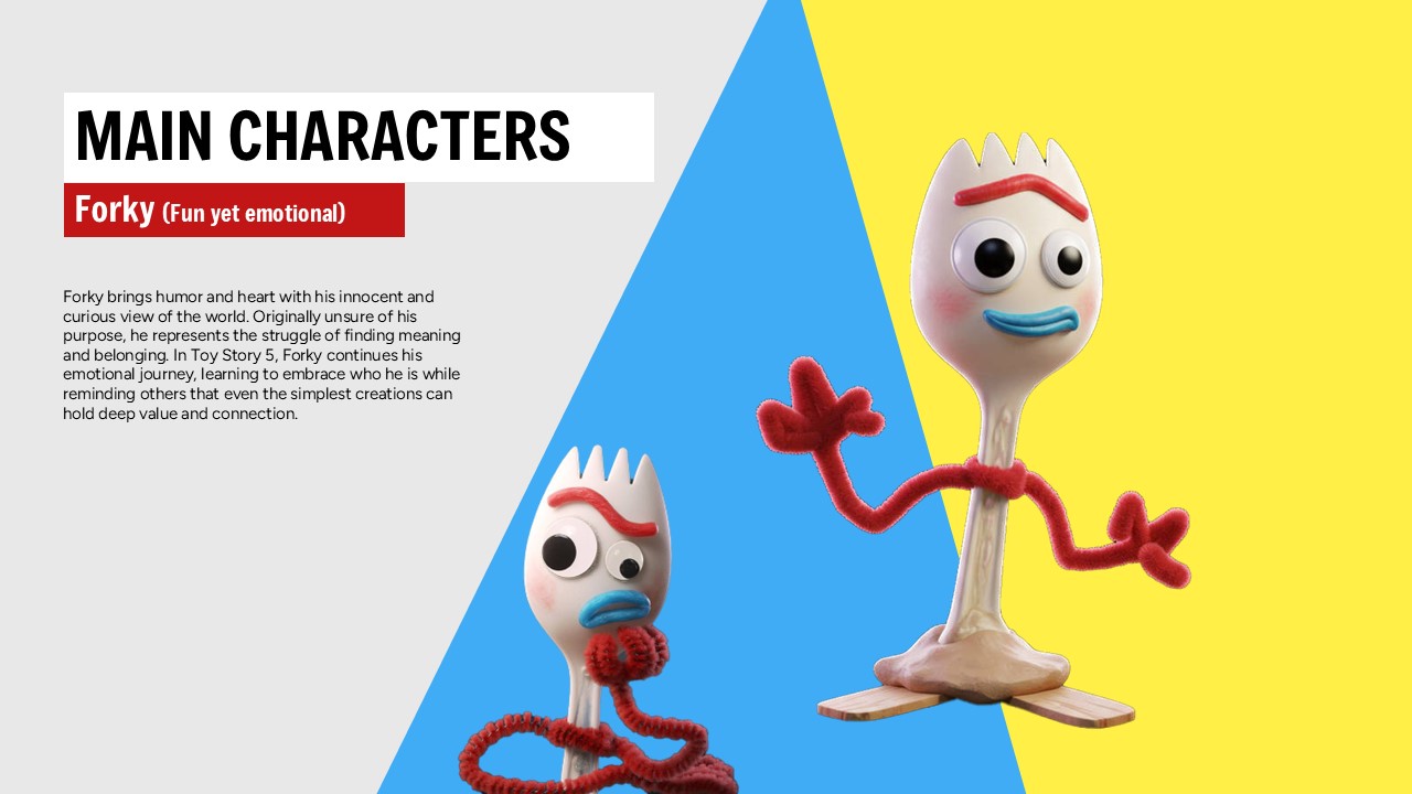 Toy Story 5 Template - Forky character slide with spork character images and emotional journey analysis text