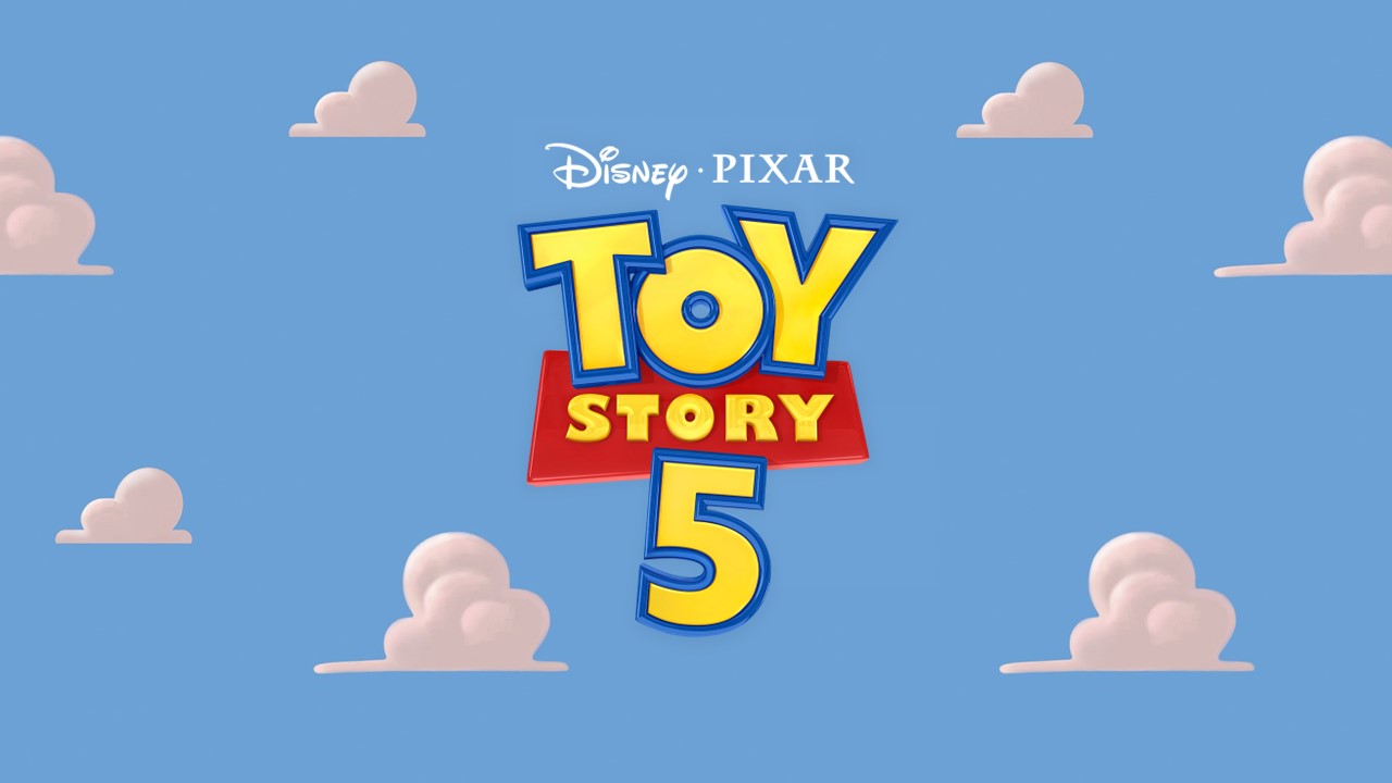 Toy Story 5 Template - clean title slide with centered Disney Pixar logo on blue cloud background