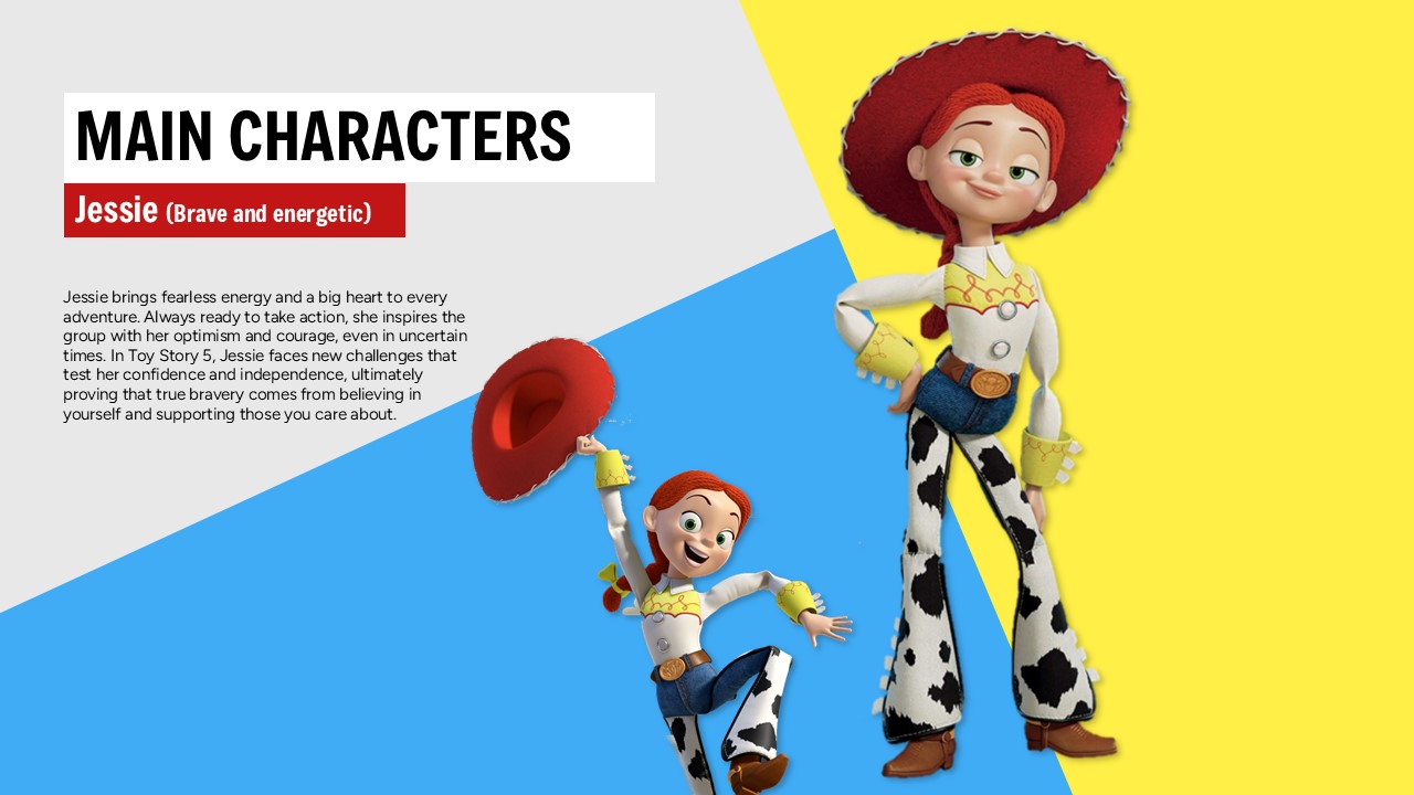 Toy Story 5 Template - Jessie character slide with cowgirl images and brave energetic personality analysis