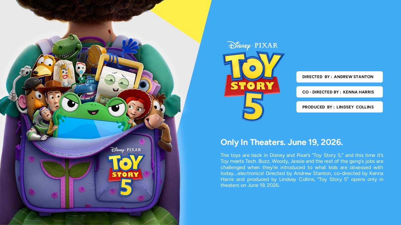 Toy Story 5 Template - production details slide with character backpack image and text about director, release date