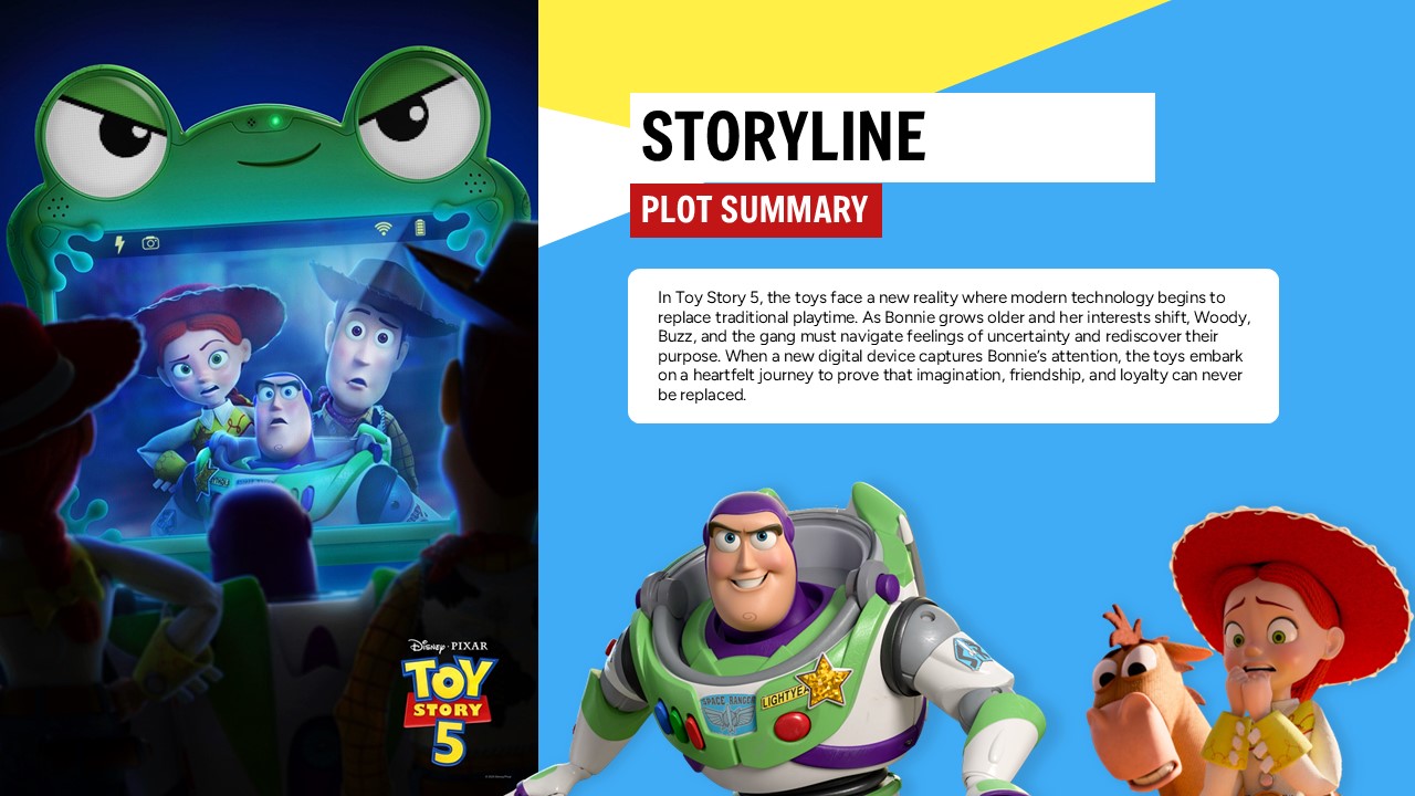 Toy Story 5 Template - storyline slide with digital device image and plot summary text in red header sections