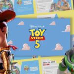 Toy Story 5 Template - title slide with Disney Pixar logo, Woody and Buzz characters on blue sky background