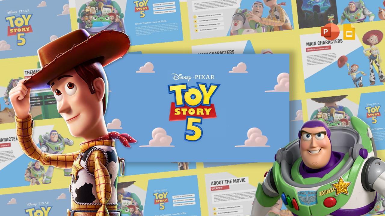 Toy Story 5 Template - title slide with Disney Pixar logo, Woody and Buzz characters on blue sky background