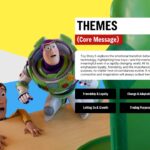 Toy Story 5 Template - themes slide with Woody and Buzz action scene, core message text and four theme boxes
