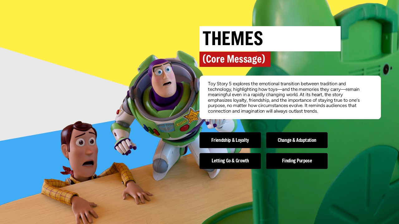 Toy Story 5 Template - themes slide with Woody and Buzz action scene, core message text and four theme boxes