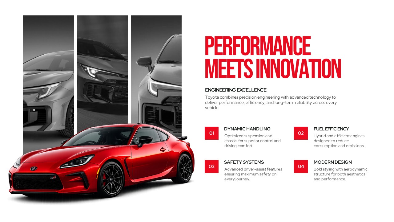 Toyota engineering template - slide to detail performance innovation with handling, efficiency, and safety systems