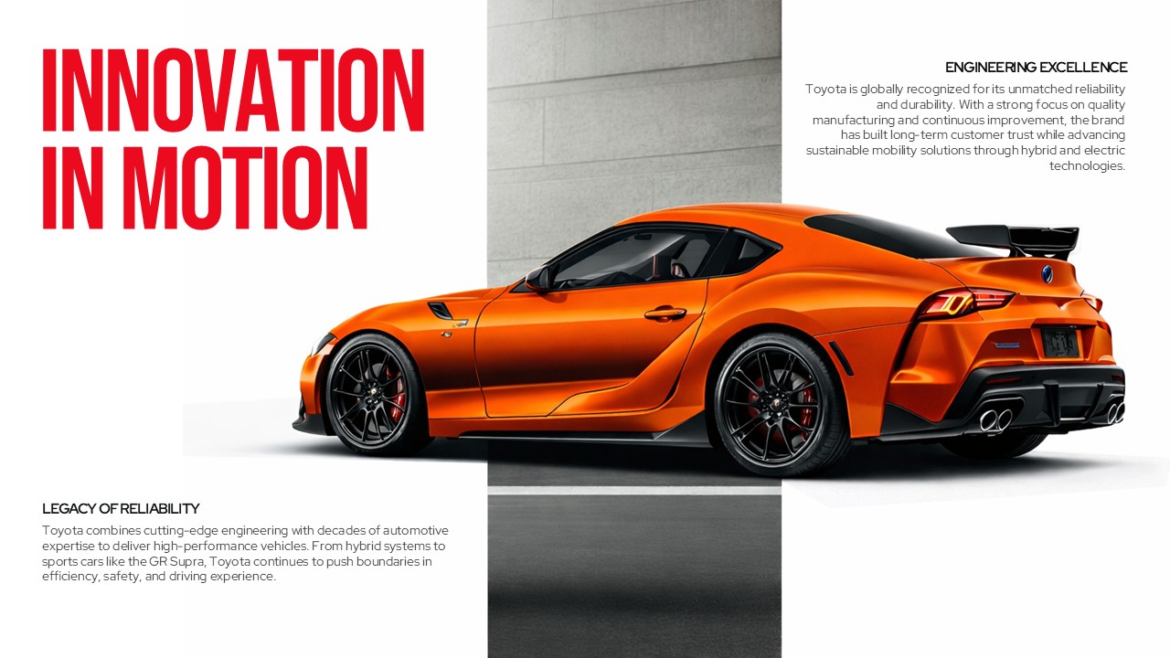 Toyota innovation template - slide to present engineering excellence and reliability legacy with sports car imagery