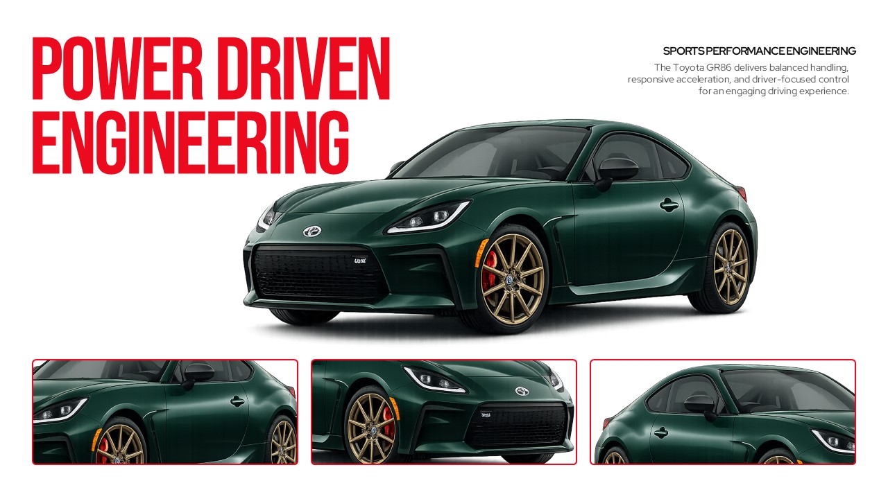 Toyota power engineering template - slide to highlight GR86 sports performance with detailed vehicle photography