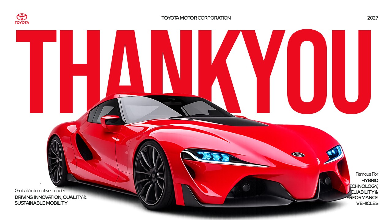 Toyota thank you template - professional closing slide to end presentations with brand messaging and vehicle imagery