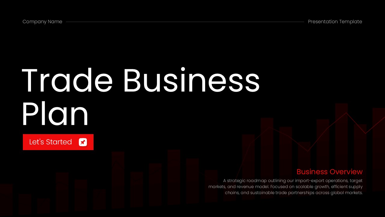 Trade Business Plan Template - Bold title slide with strategic roadmap overview and red geometric accent patterns