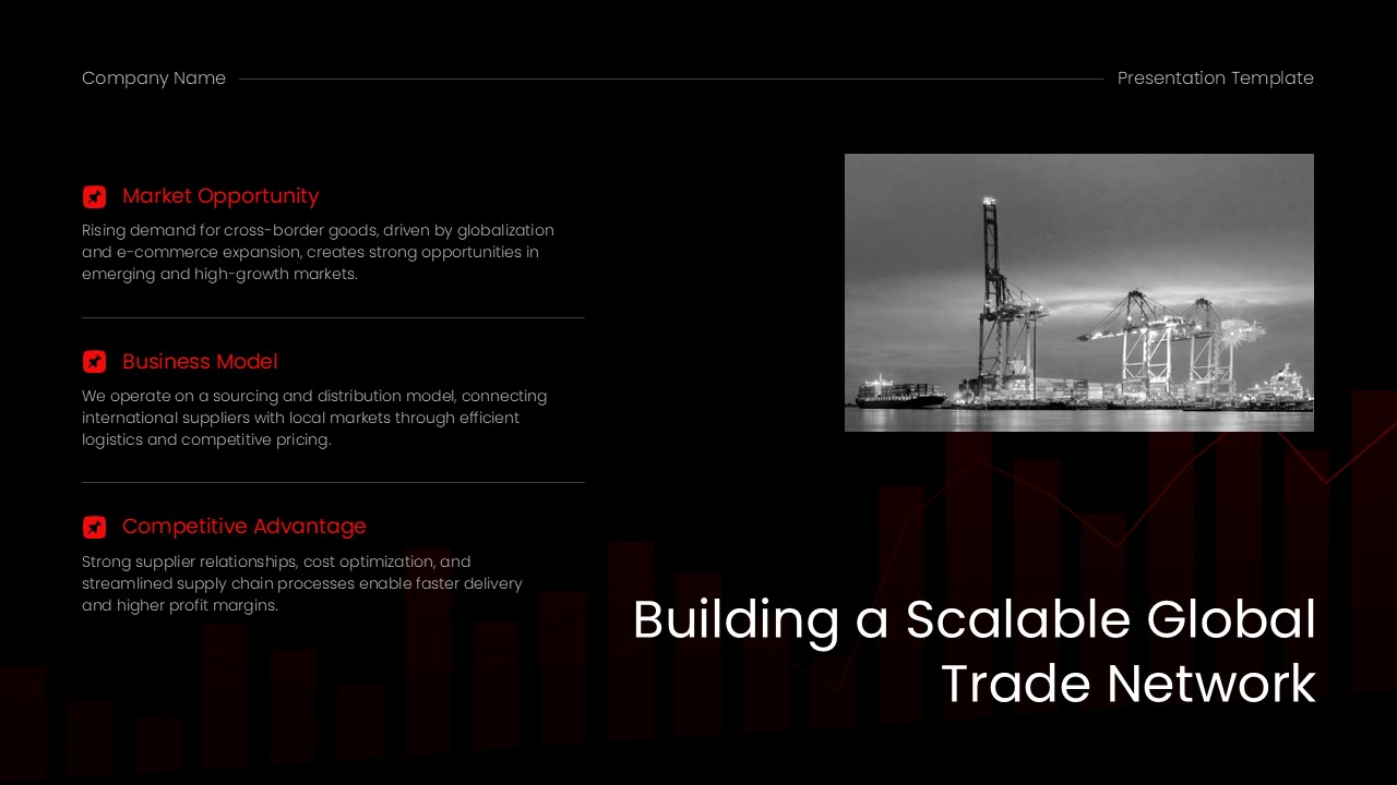 Trade Business Plan Template - Three strategic pillars with industrial port imagery creating powerful business narrative