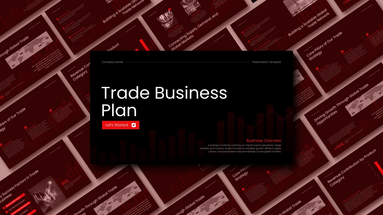 Trade Business Plan Template - Dynamic showcase of dark professional slides with global trade imagery and red accents