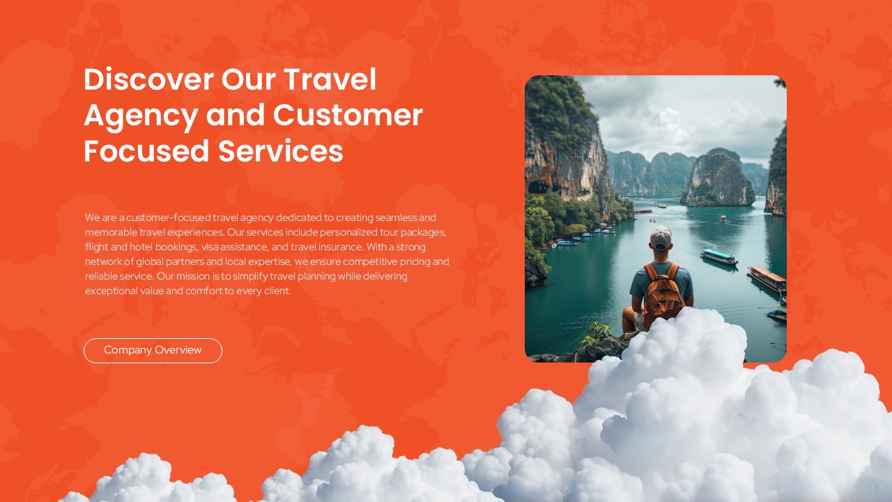 Travel Agency Business Plan Template - Company overview slide with travel photography and service descriptions