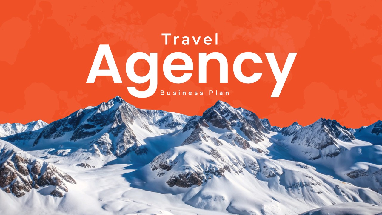 Travel Agency Business Plan Template - Title slide with dramatic mountain landscape and modern orange gradient
