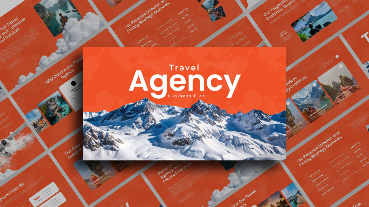 Travel Agency Business Plan Template - Professional presentation cover with mountain landscape and orange design