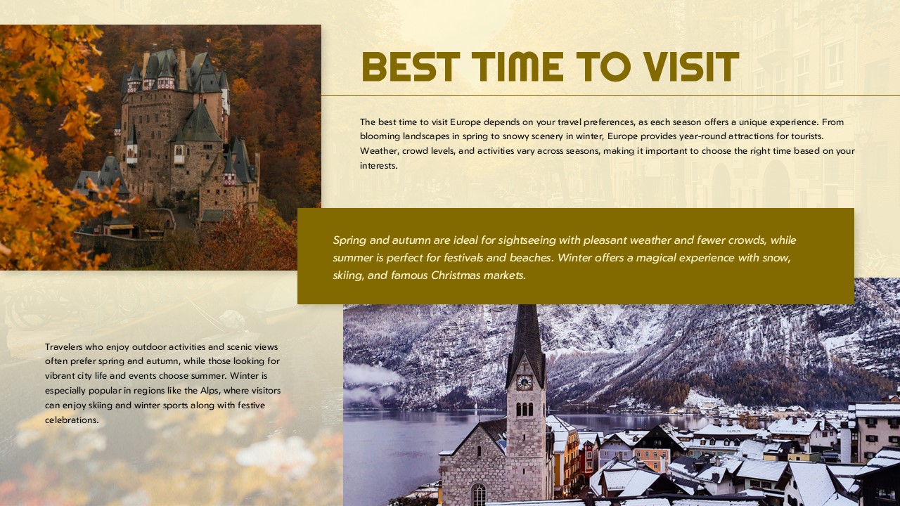 Travel Europe Timing Template - Seasonal travel guide with autumn castle and winter village imagery