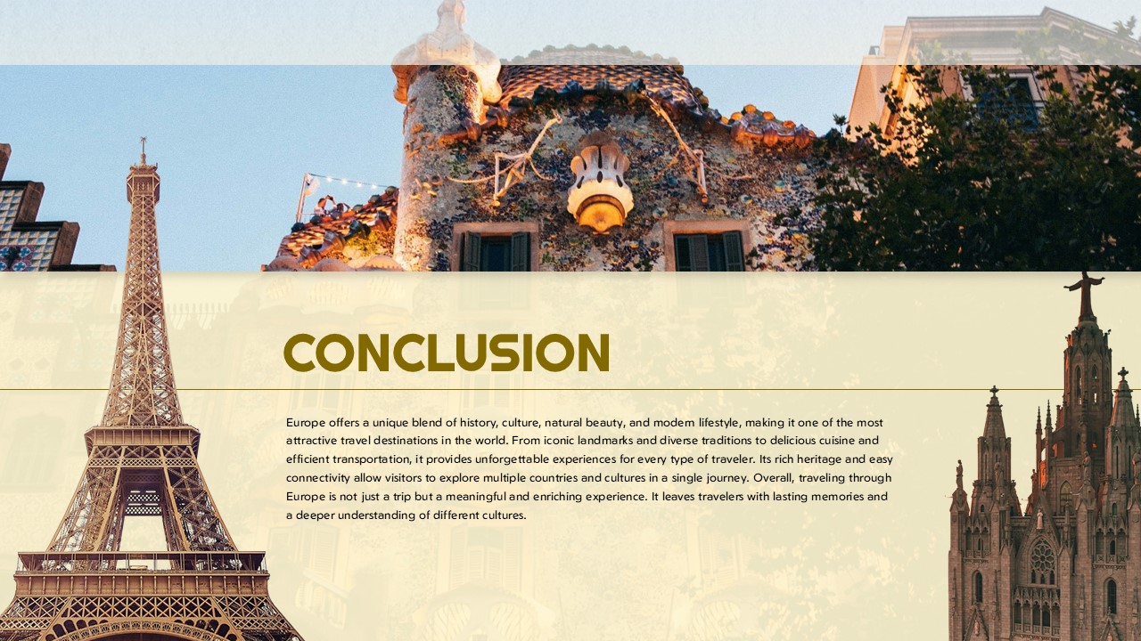 Travel Europe Conclusion Template - Summary slide with panoramic European landmarks and golden typography