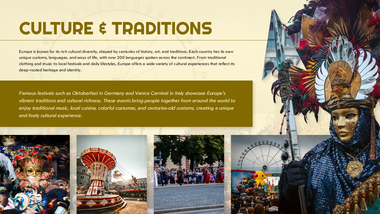 Travel Europe Culture Template - Traditions slide with Venetian carnival mask and festival imagery