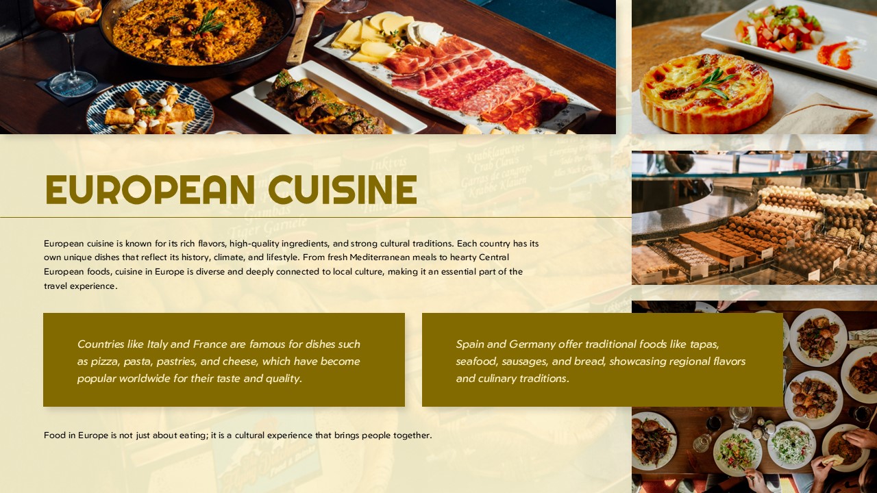 Travel Europe Cuisine Template - Food slide featuring paella, cheese boards and European specialties