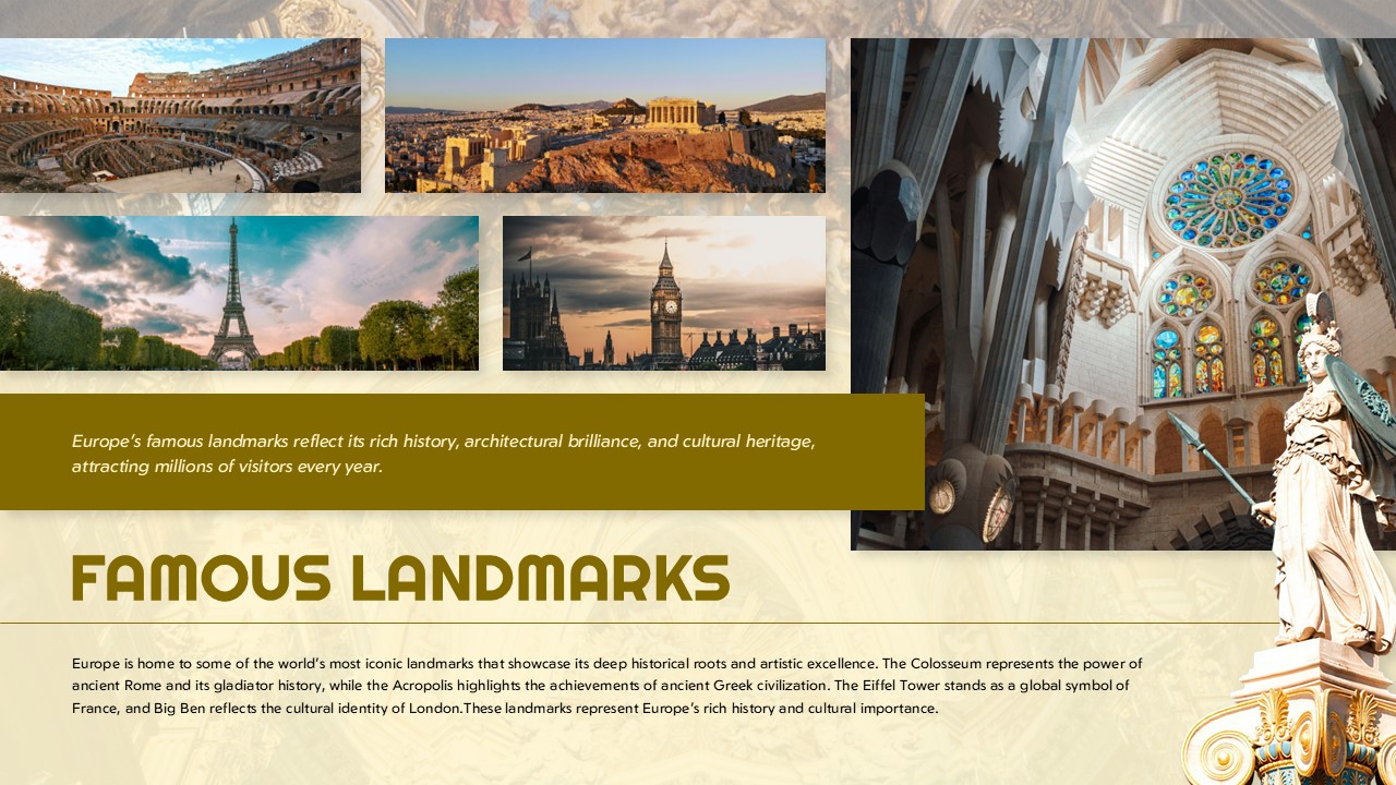 Travel Europe Landmarks Template - Famous monuments slide with Colosseum, Eiffel Tower and Gothic architecture