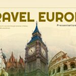 Travel Europe Google Slides Template - Title slide with European landmarks and inspirational travel quote