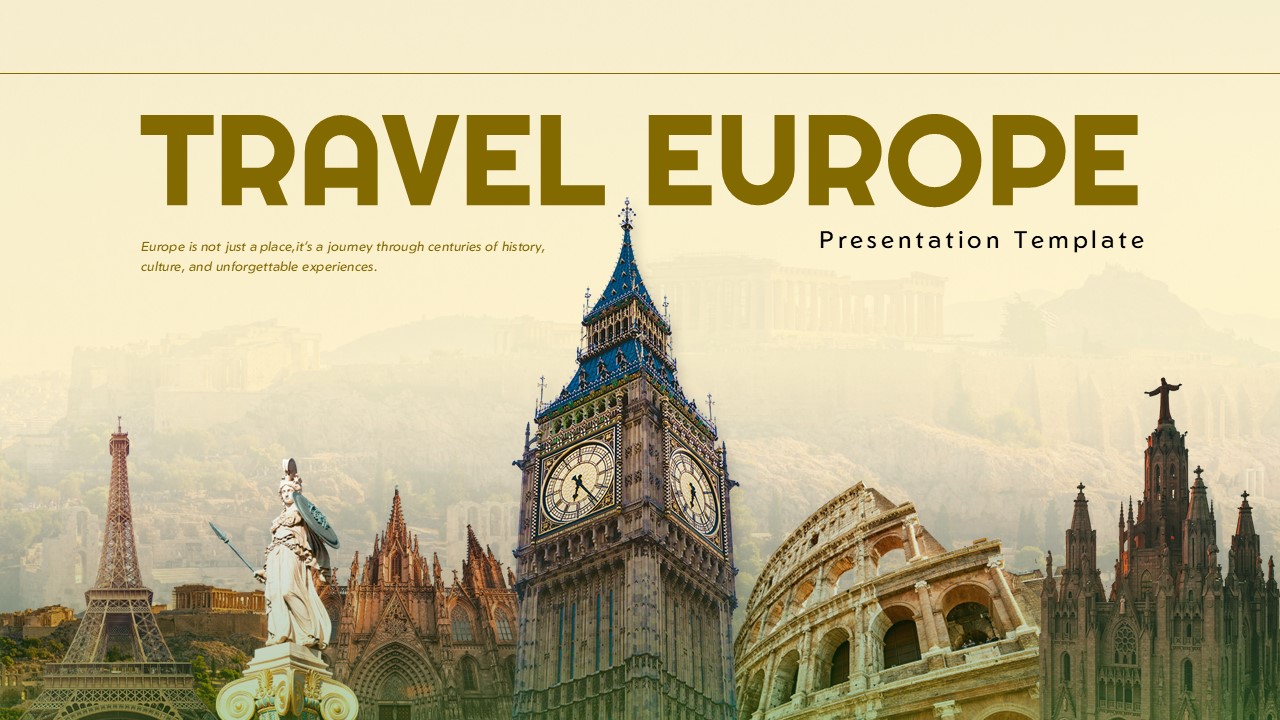 Travel Europe Google Slides Template - Title slide with European landmarks and inspirational travel quote