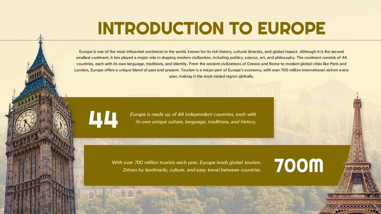 Travel Europe Introduction Template - Overview slide with European statistics and landmark background