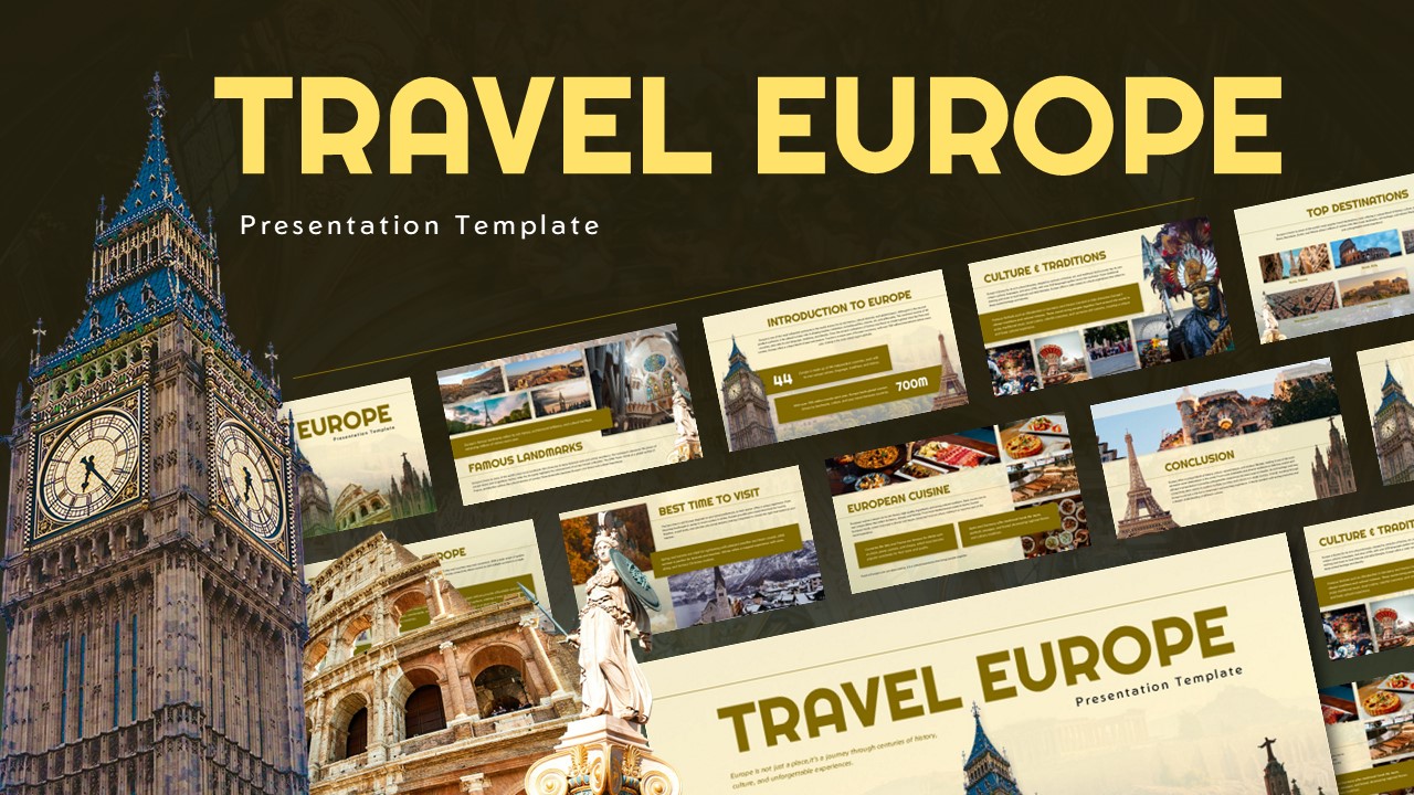 Travel Europe Template - Presentation cover with European landmarks and golden typography design