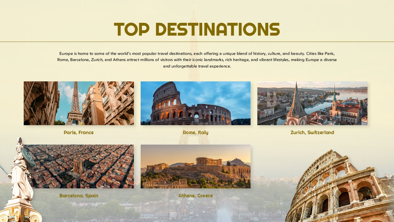 Travel Europe Destinations Template - Grid layout showcasing Paris, Rome, Barcelona and other major cities
