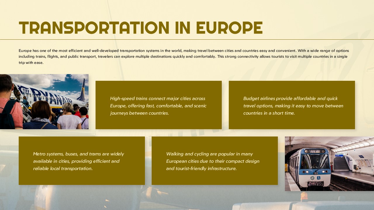 Travel Europe Transportation Template - Travel guide slide with train, airplane and metro system images