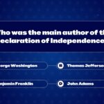 Declaration Author Quiz Question - Four oval answer buttons arranged in grid asking about Independence Declaration writer