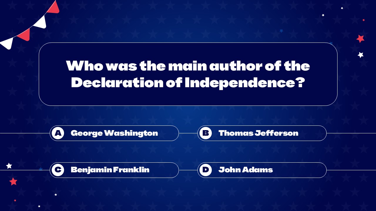 Declaration Author Quiz Question - Four oval answer buttons arranged in grid asking about Independence Declaration writer