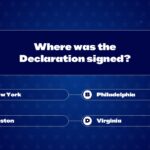 Declaration Location Quiz Question - City options arranged in familiar oval button grid with patriotic design elements