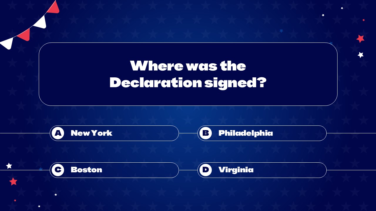 Declaration Location Quiz Question - City options arranged in familiar oval button grid with patriotic design elements